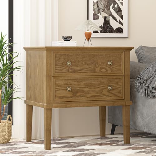 IKENO Solid Wood Nightstand with 2 Drawers, Practical Bed Side Table/Night Stand, End Table with 2 Drawers for Bedroom or Living Room,Teak