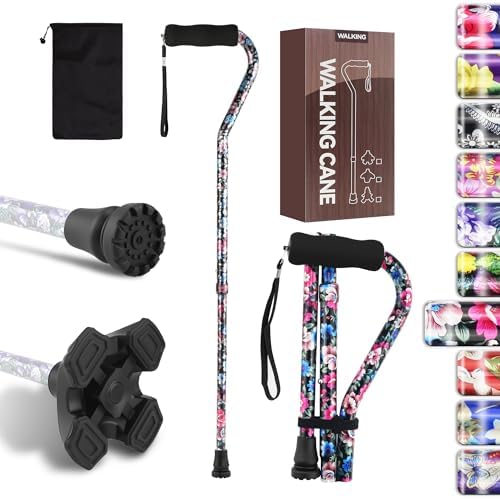 LIXIANG Foldable Offset Walking Cane Floral Printed 5-Level Adjustable Height Portable Self-Standing Walking Stick with 2 Cane Tips Soft Foam Handle for Seniors Women Ladies Adult Leg Injuried People