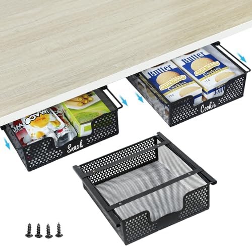 Hanging Pullout Drawer Organizer, Sliding Under Shelf Storage, Under Cabinet Storage Organizer - Wire Basket Attaches to Shelf, Space Saving for Kitchen Counter Pantry Cupboard - 3 Pack