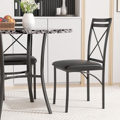 VECELO Metal Dining Chairs Set of 4, Steel Legs and PU Leather Cushion Seats for Kitchen, Living Room, Black