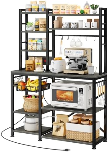 Baker Rack with Power Outlet - Microwave Stand with Storage, Large Coffee Bar Station with 14 Hooks, Metal Kitchen Shelf Rack for Spices, Pots (Rustic Grey)