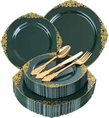 125PCS Green and Gold Plastic Plates - Fancy Green Disposable Plates - Vintage Christmas Plate with Gold Plastic Silverware Set for 25 Guests for Party Xmas Holiday