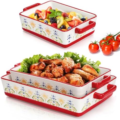 Set of 3 Ceramic Baking Dishes, Casserole Dishes for Oven, Rectangular Bakeware with Handles, Ceramic Bakeware for Cooking, Baking Cakes, Wedding Gift, 3 Sizes (14.5''/12.7''/9.5'')