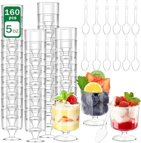 160 Packs Dessert Cups with Spoons, 5 OZ Goblet Mini Clear Plastic Dessert Parfait Cup for Party Serving Cups Fruit Ice Cream Mousse Pudding Appetizer Cup Bowl for Birthday,Party,Wedding