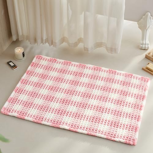 Waffle Bath Mat, Boho Bathroom Rugs Non Slip Washable Absorbent Checkered Bathroom Mat Quick Dry Cute Bath Mat, 36"x24" Pink and White