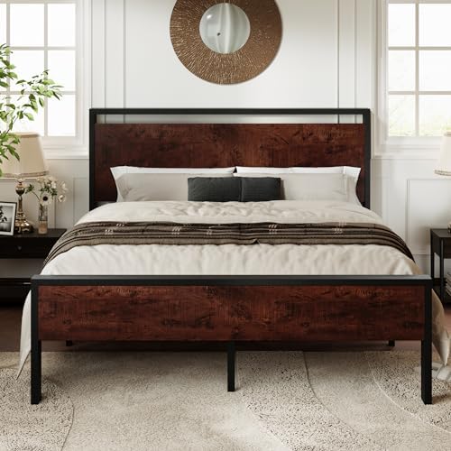 Allewie Queen Size Platform Bed Frame with Wooden Headboard and Footboard, Heavy Duty 12 Metal Slats Support, No Box Spring Needed, Under-Bed Storage, Noise Free, Easy Assembly, Mahogany