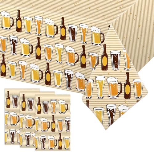 Oudain 3 Pcs Cheers & Beers Tablecloth Plastic Border Print Table Cover 108 x 54 Inches Yellow and Khaki Cheers Beers Table Cover for Birthday Bar Theme Party Supplies
