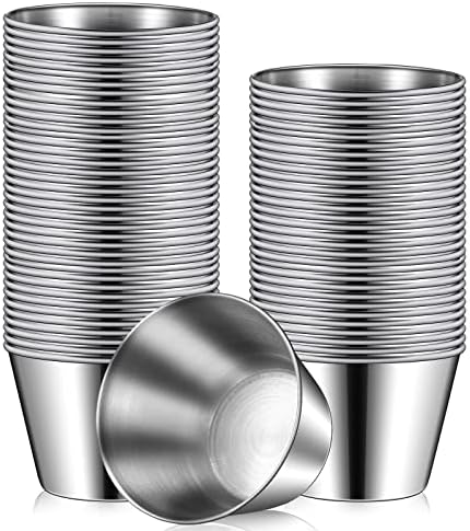 60 Pcs Stainless Steel Sauce Cups Bulk, 2.5 Oz Metal Ramekins Dipping Sauce Cups Condiment Bowls Reusable Stackable Round Individual Dipping Bowls Mini Containers for Kitchen Restaurant