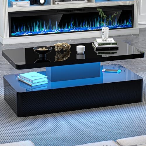 AHB Contemporary Coffee Tables for Living Room, LED Coffee Table with Rounded Corner in 16 Colors, High Gloss 2 Tiers Table with Hidden Power Supply