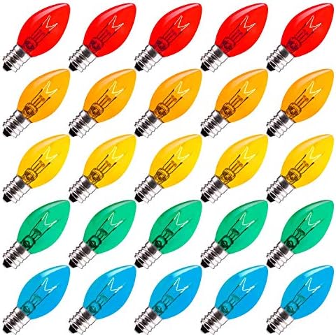 25 Pack C7 Christmas Replacement Light Bulbs, Transparent Blubs for C7 Christmas String Lights, E12 Candelabra Vintage Christmas Bulbs for Outdoor String Lights, Multicolor
