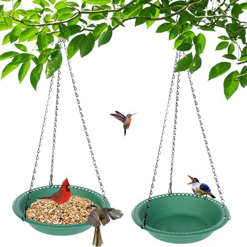 2 Pack Hanging Bird Feeder Tray 12 inch with Drainage Holes Fit Most Seed, Bird-Feeder Hanging for Garden Yard Outside, Green