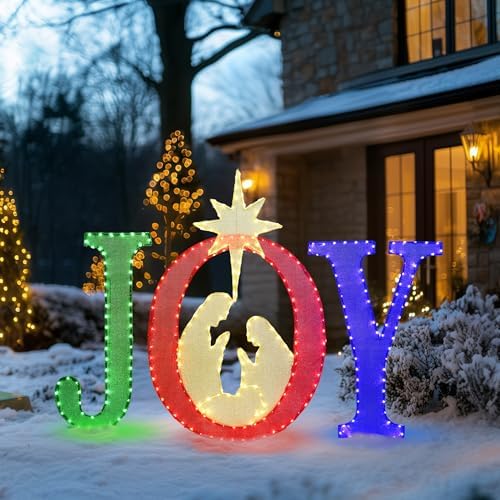 49-Inch Large Outdoor Christmas Decorations Joy Lighted Sign Outdoor Nativity Scene Christmas Yard Signs Holiday Decoration Weather Resistant 350 LED Lights Nativity Joy Hang/Stand for Porch Indoor