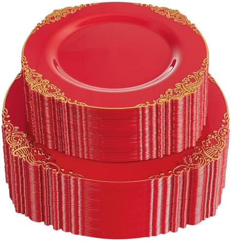 102PCS Red and Gold Plastic Plates - Red Plates Disposable - Vintage Plastic Plate with Gold Rim Include 51PCS Dessert & 51PCS Dinner Plate Perfect for & Weddings & Christmas Parties