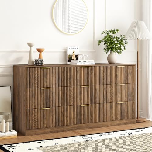 9 Drawer Dresser for Bedroom with Deep Drawers, 63" Wide Wood Dresser, Large Floor Chest of Drawers, Modern Long TV Stand, Mid Century Storage Cabinet Side Table, Natural