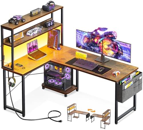 ODK 53 Inch L Shaped Desk with LED Lighting, Reversible Gaming Desk with Power Outlets, Cornor Computer Table with Storage Shelves & Bag & Iron Hook, Home Office Table for Writing, Study, Vintage