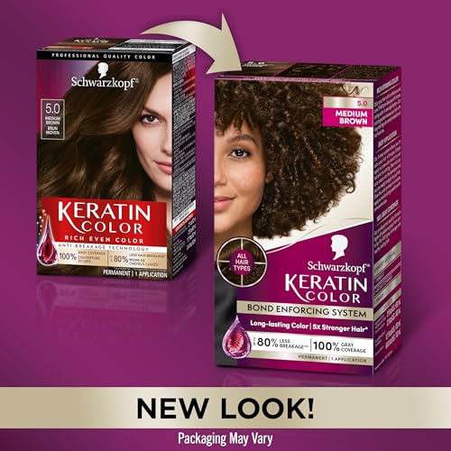 Schwarzkopf Keratin Color Permanent Hair Color, 5.0 Medium Brown, 1 Application - Salon Inspired Permanent Hair Dye, for up to 80% Less Breakage vs Untreated Hair and up to 100% Gray Coverage