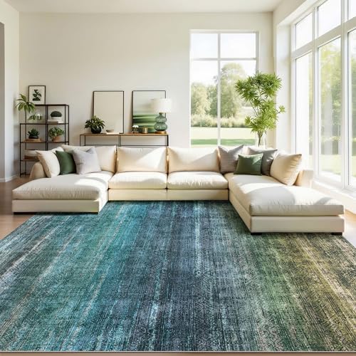 Kokia Abstract Area Rugs 10x14 Bedroom Washable Decor Low Pile Non-Slip Non-Shedding Indoor Blue Carpet Foldable Stain Resistant Floor Living Room Dining Room, Oslo Teal Amber