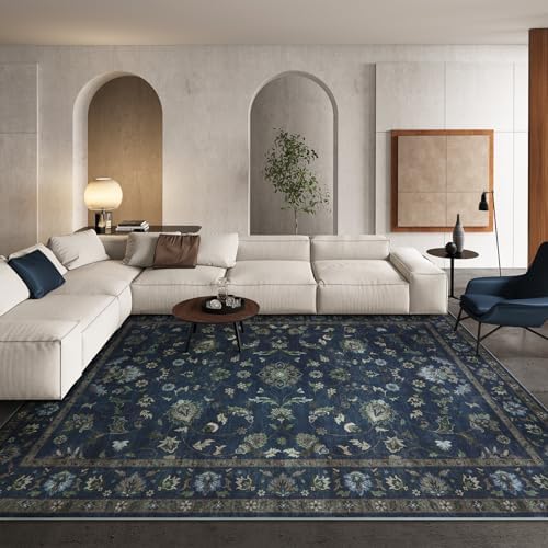 Wonnitar Vintage Floral Rugs for Living Room, Washable 8x10 Area Rugs, Low Pile Non Shedding Stain Resistant Rugs for Bedroom Dining Room Home Office Department,(Blue,8x10)