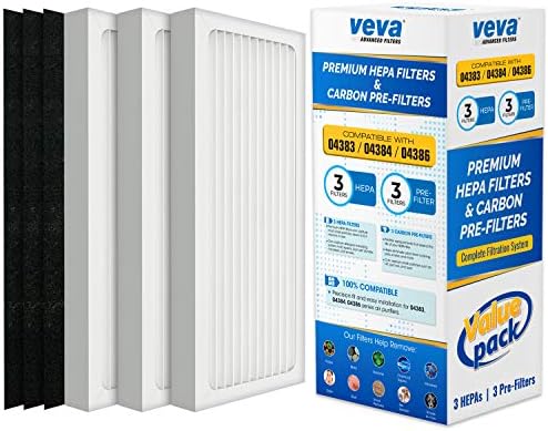 VEVA Complete Premium 3 HEPA Style Filters and 3 Full-Size Activated Carbon Pre-filters Replacement Filter Pack Compatible with Hamilton Beach Air Purifier 04386A, 04383, 04385, 04384, 990051000