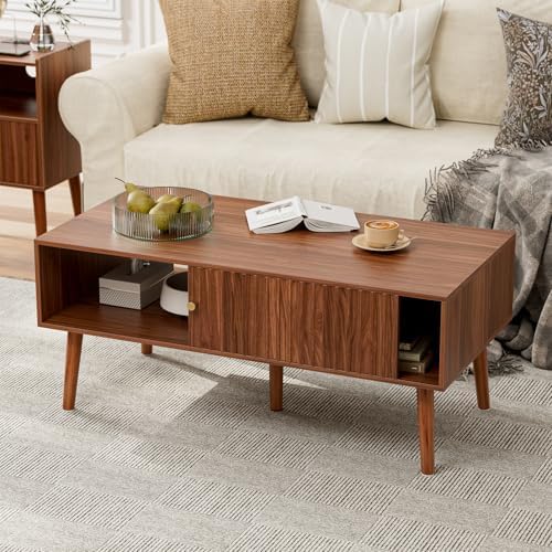 Coffee Table with Storage, Mid Century Dining Table with Sliding Fluted Door and Solid Wood Legs, Small Coffee Tables for Living Room, Walnut