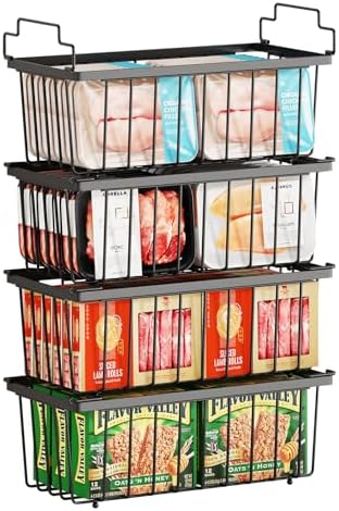 4 Pack Freezer Organizer Bins(14.6‘’L X 7.1‘’W X 5.2‘’H) for 7 Cu.FT Deep Ches Freezer Sort Frozen Meats | Stackablet Deep Freezer Organizer Bins Get Food Easily w/Handle(Black), Gifts Ideas for Mom