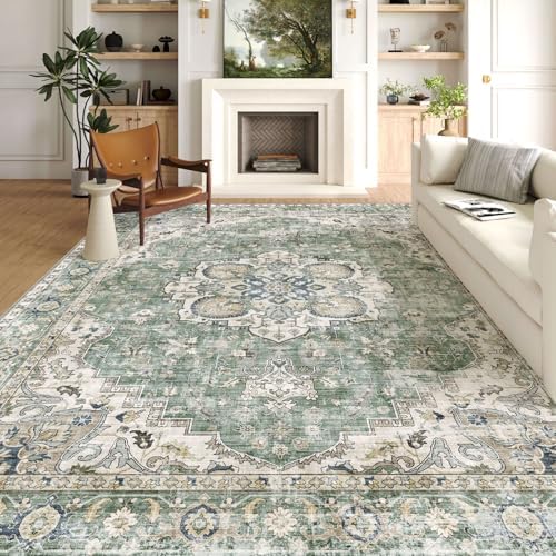 Area Rugs 9x12 Living Room - Large Washable Sage Green Boho Rugs for Bedroom Soft Vintage Rug Ultra-Thin Farmhouse Oriental Carpet Stain Resistant Rug for Dining Room Guest Room Home Decor