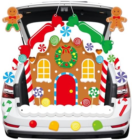 11PCS Halloween Trunk or Treat Car Decorations Kit with Winter Christmas Holiday Gingerbread House Backdrop Peppermint Candy Cutouts for SUV Car Archway Garage Door Photo Booth Xmas Party Supplies