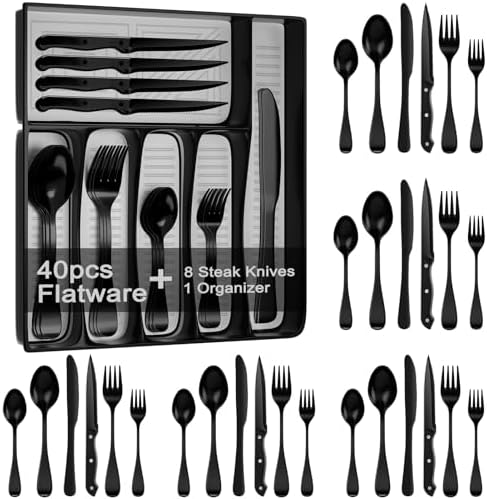49piece Black Silverware Set with Organizer, Stainless Steel Flatware Set for 8 with Drawer Tray, Kitchen Tableware Service Cutlery Matte Steak Knives Fork Spoon for Home Restaurant Dishwasher Safe