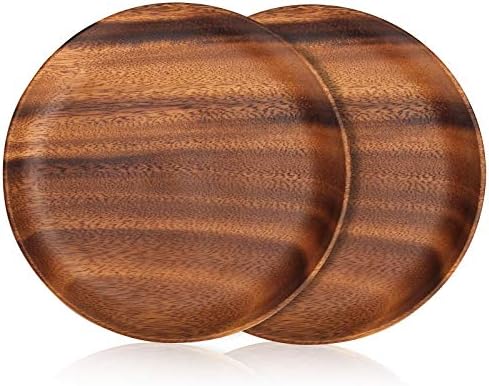 2 Pcs 10 Inch Acacia Wood Dinner Plates Set for Eating Wooden Round Charcuterie Boards Kitchen Serving Platters for Food Dishes Cheese Tray Dessert Salad Plate Wood Charger Plates Decorative Trays
