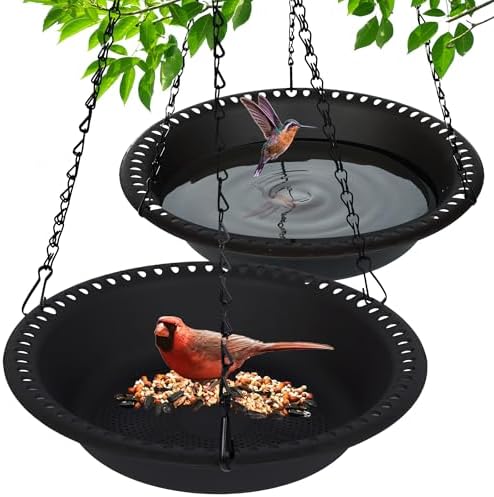 Hanging Bird Feeder and Bird Bath 12 inch, 2 Pack Feeder Tray for Garden Yard Outside, Black
