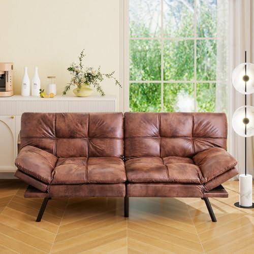Vipbear 71" Futon Sofa Bed - Convertible Sofa Beds/Adjustable Backrest & Armrest, Comfy Loveseat Sleeper for Small Spaces, Apartments & Offices,Faux Leather Brown Futons