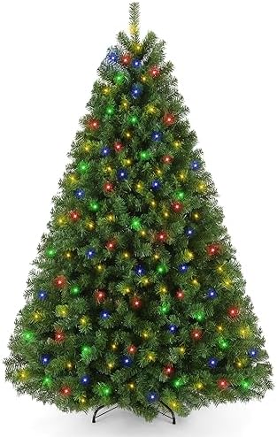 6 FT Green Spruce Pre-lit Artificial Christmas Tree with Multicolor Lights, 6ft Holiday Tree for Home Party Decoration, 956 PVC Full Branches, 300 Lights, Metal Hinges & Foldable Base