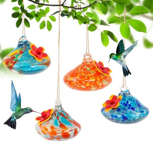 4Pcs Blown Glass Hummingbird Feeder for Outdoors Hanging, Ant & Bee Resistant Window Bird FeederHandmade Garden Decor Gift for Women - Small Round Glass Feeders Bundle (Droplet C4)