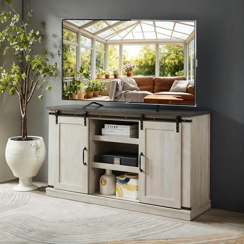 Farmhouse TV Stand for 60inch Television Stand, Entertainment Center with Storage Cabinet and Sliding Barn Doors & Adjustable Shelves, Rustic Media Console Table for Living Room
