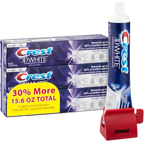 Crest3D-White Ultra Whitening Toothpaste, Vivid Mint, Anticavity Fluoride Toothpaste, 3 Large Tubes of 5.2 oz (Total 15.6 oz) Bundle with Zivigo Toothpaste Squeezer Compatible with Crest,GET 20% OFF STOREWIDE!
