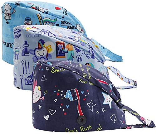 3PCS Cute Teeth Working Cap with Button, Women Men Breathable Lace Up Sweatband Work Hat Hair Cover