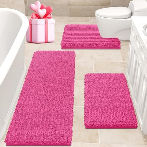 ACCUMTEK Upgrade Extra Large Shiny Pink Bathroom Rug Set 3 Pieces Ultra Soft, Thick Absorbent Bath Mats, Non Slip Chenille Toilet Mat for Bathroom, Bedroom, Kitchen