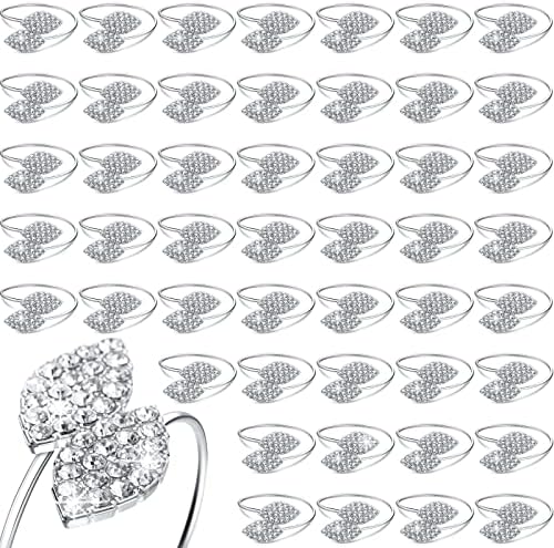 Hotop 48 Pcs Silver Napkin Rings Set Bling Napkin Rings Metal Leaves Holders Rhinestone Buckle for Wedding Mother's Day Dinner Gather Party Graduation Prom Table Decoration