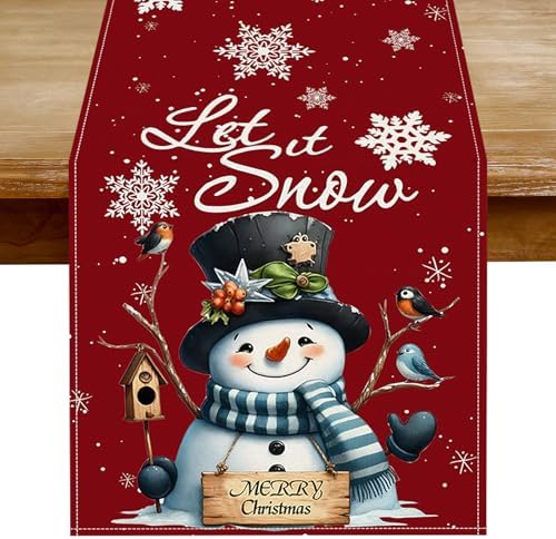 Christmas Table Runner - Red Snowman Snowflake Winter Holiday Decorative Farmhouse Table Decorations for Kitchen Dinning, Indoor Outdoor Dinner Party Decor 13x72 Inch