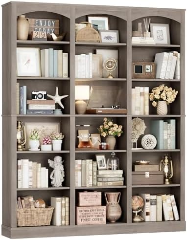 FACBOTALL 71" Triple Wide Bookshelf, 6 Tier Tall Bookshelf, Large Bookcase with Curved Baffle, 63.4" Wide Book Shelf with 18 Open Display Shelves for Living Room, Study, Gray