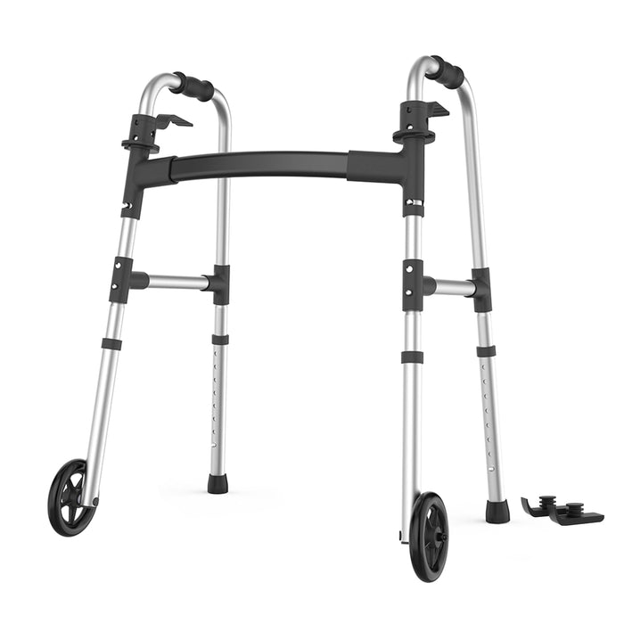 Loyoda Walkers for Seniors, FSA/HSA Eligible Folding Walker with Ski Glides 5'' Front Wheel Medical Lightweight Walker Height Adjustable Aluminum Standard Walker for Handicap and Adults (Silver)