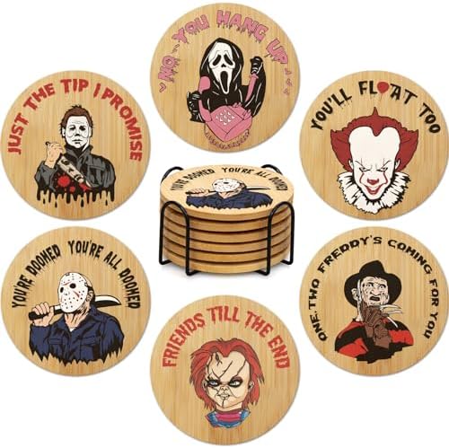 6Pcs Horror Movie Character Spooky Coasters Gift Set with Holder - Horror Movie Accessories Bar Coaster for Party Decor, Unique Halloween Round Coasters for Halloween Coffee Table Spooky Kitchen Decor