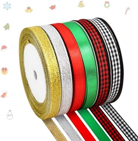 6 Rolls Christmas Wrapping Ribbon 3/8 Inch x 150 Yards Glitter Fabric Holiday Festival Satin Plaid Ribbons for Wrapping Decoration Floral Bows Craft(Christmas)