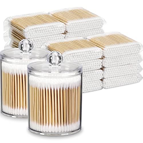 1600 Count Cotton Swabs plus 2 Clear Dispenser Holder - Eco-Friendly, Biodegradable Original Natural Cotton Buds for Ears, Hygiene, Beauty Care - Double Round Tips & Thick Cotton & Sturdy Bamboo Stick