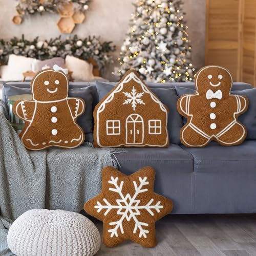 4 Pcs Christmas Throw Pillows Plush Gingerbread Men Gingerbread House Snowflake Shaped Pillow for Christmas Winter Holiday Party Outdoor Bedroom Cushion Decoration