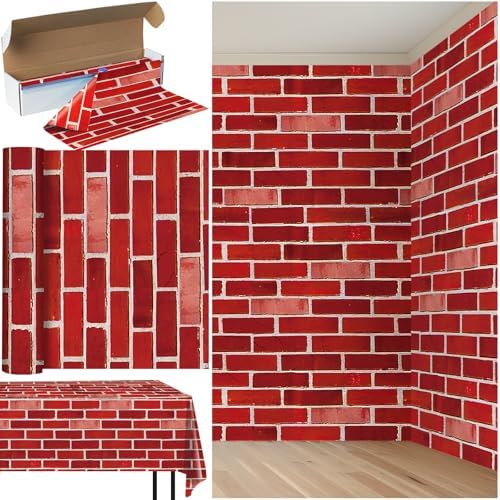 100Feet X 54 Inch Roll Red Brick Tablecloth,Brick Wall Backdrop Wallpaper Disposable Plastic Rectangular Table Covers Background for Winter Holiday Halloween Christmas Party Decorations