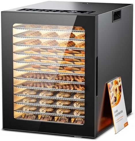Food Dehydrator 12 Trays Stainless Steel - 850W Large Dryer for Jerky, Fruit, Meat, Herbs, Mushroom with Digital Timer & Glass Door