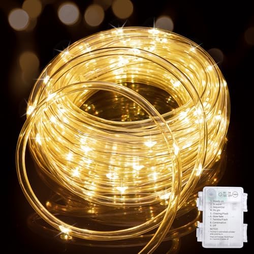Minetom String Lights Battery Operated, 40FT 100 LED Christmas Lights Battery Operated with Timer, 8 Mode, Christmas Rope Lights for Outside Outdoor Bedroom Indoor, Warm White