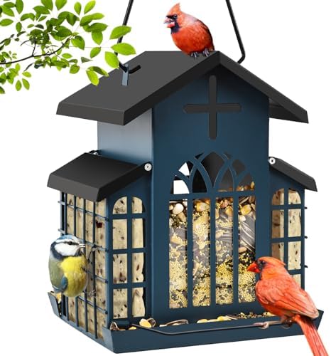 5LB Church Metal Hanging Bird Feeder for Outdoors, Weatherproof Suet Feeders for Outside Hanging, Large Bird Feeders Great for Attracting Finch, Woodpecker and More Wild Birds-Blue