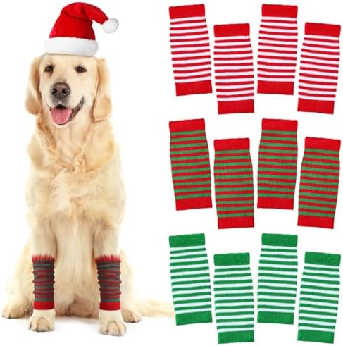 Shihanee 12 Pcs Christmas Dog Leg Warmer Knitted Winter Socks Pet Dog Leg Hock Protector Classic Stripe Elbow Protective Sleeve Joint Elbow Supports for Christmas Winter New Year